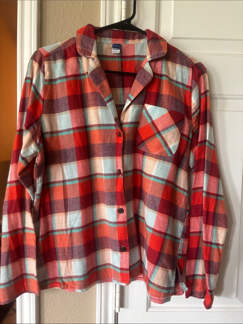 Old Navy Orange, Red & Cream Plaid Button-Up Shirt